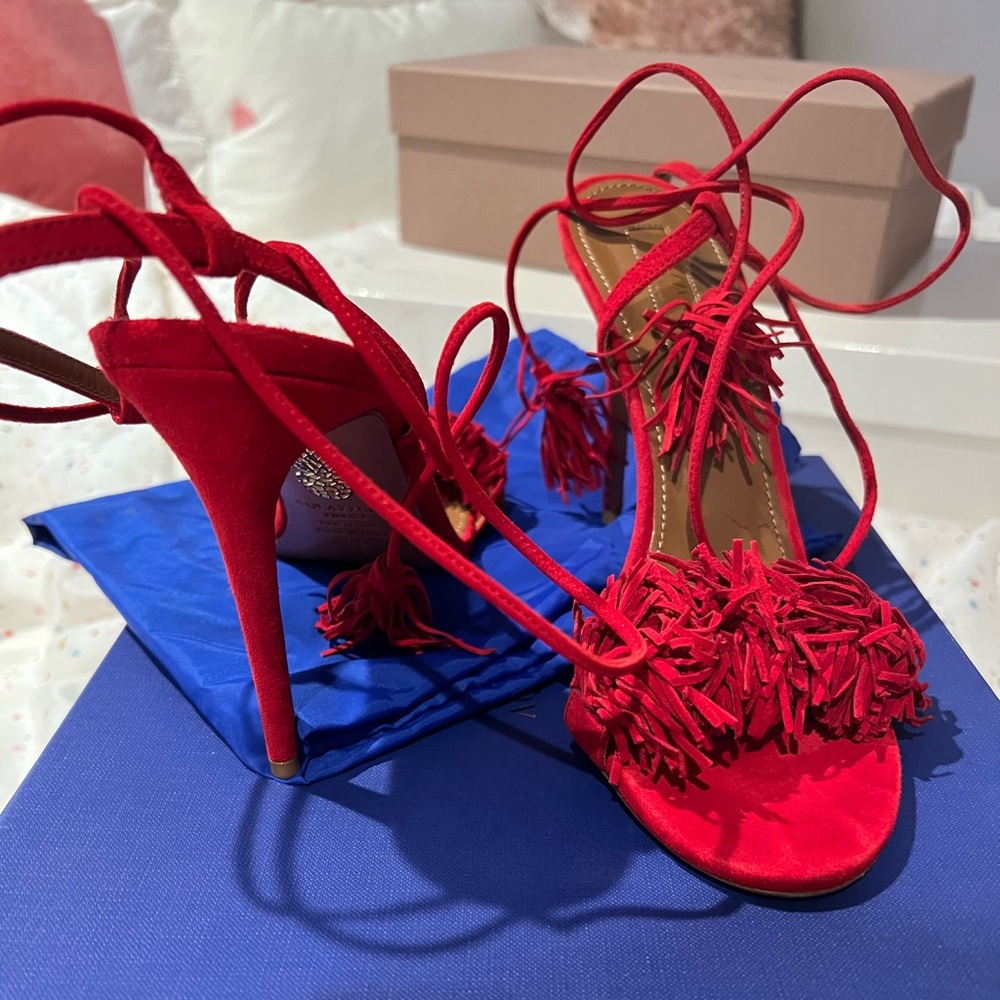 Aquazzura Red Suede Wild Thing Fringe sandals 39